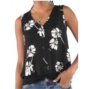 CABI Women’s Black White Floral Knitwit Sleeveless Button Front Top Size Small S